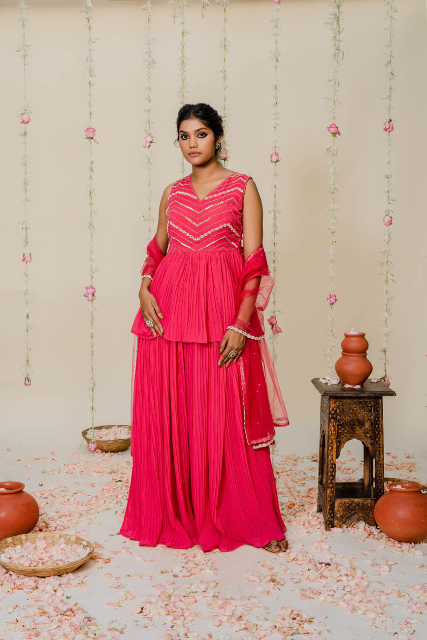 Pleated Embroidered Peplum Fuschia Pink Sharara Suit